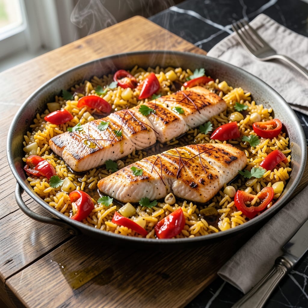 Salmon Paella Recipe: Saffron-Infused Spanish Feast in One Pan Salmon Paella Recipe: Saffron-Infused Spanish Feast in One Pan