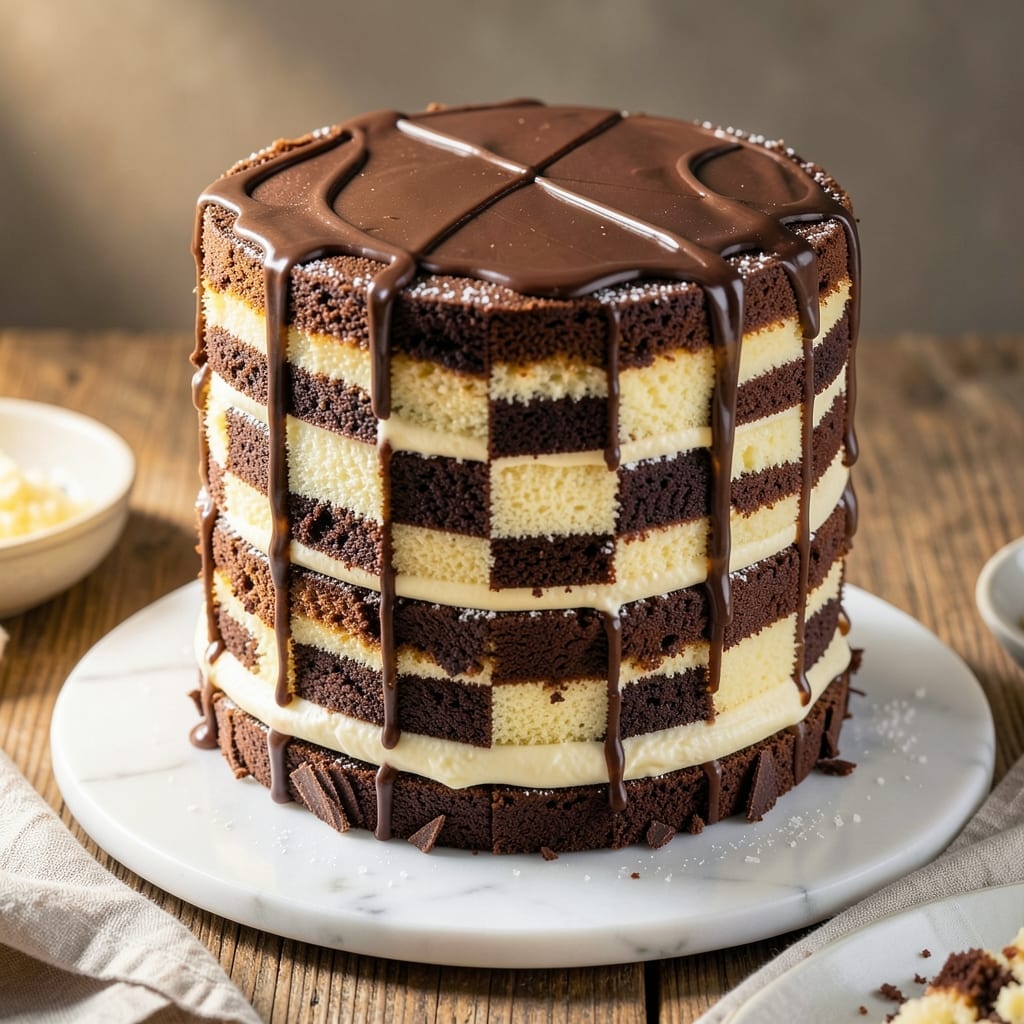 3 Layer Checkerboard Cake Recipe: Vanilla-Yellow Buttercream Swirls With Chocolate Fondant Crown