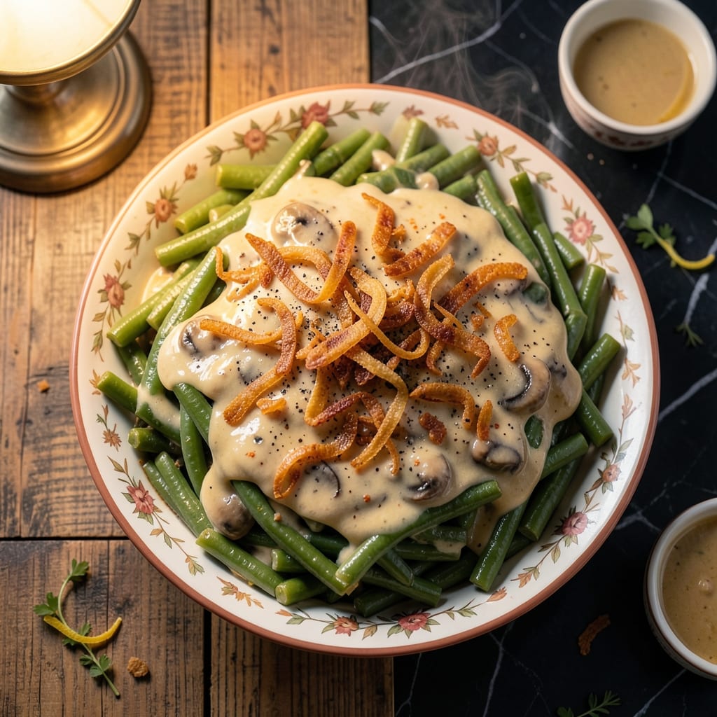 1955 Green Bean Casserole Recipe: Creamy Mushroom Topping Over Crispy Fried Onions