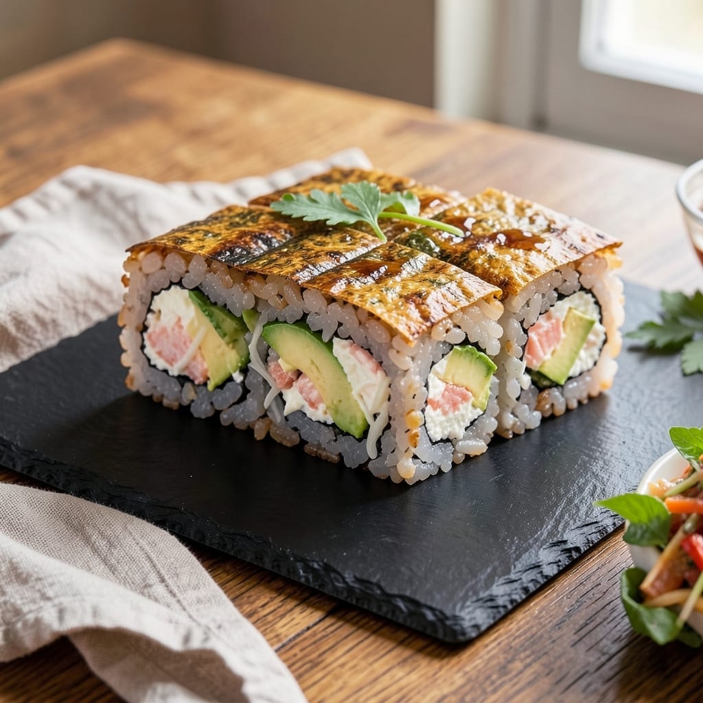 49er Roll Sushi Recipe: Crunchy Rice Crust and Cream Cheese Swirls 49er Roll Sushi Recipe: Crunchy Rice Crust and Cream Cheese Swirls