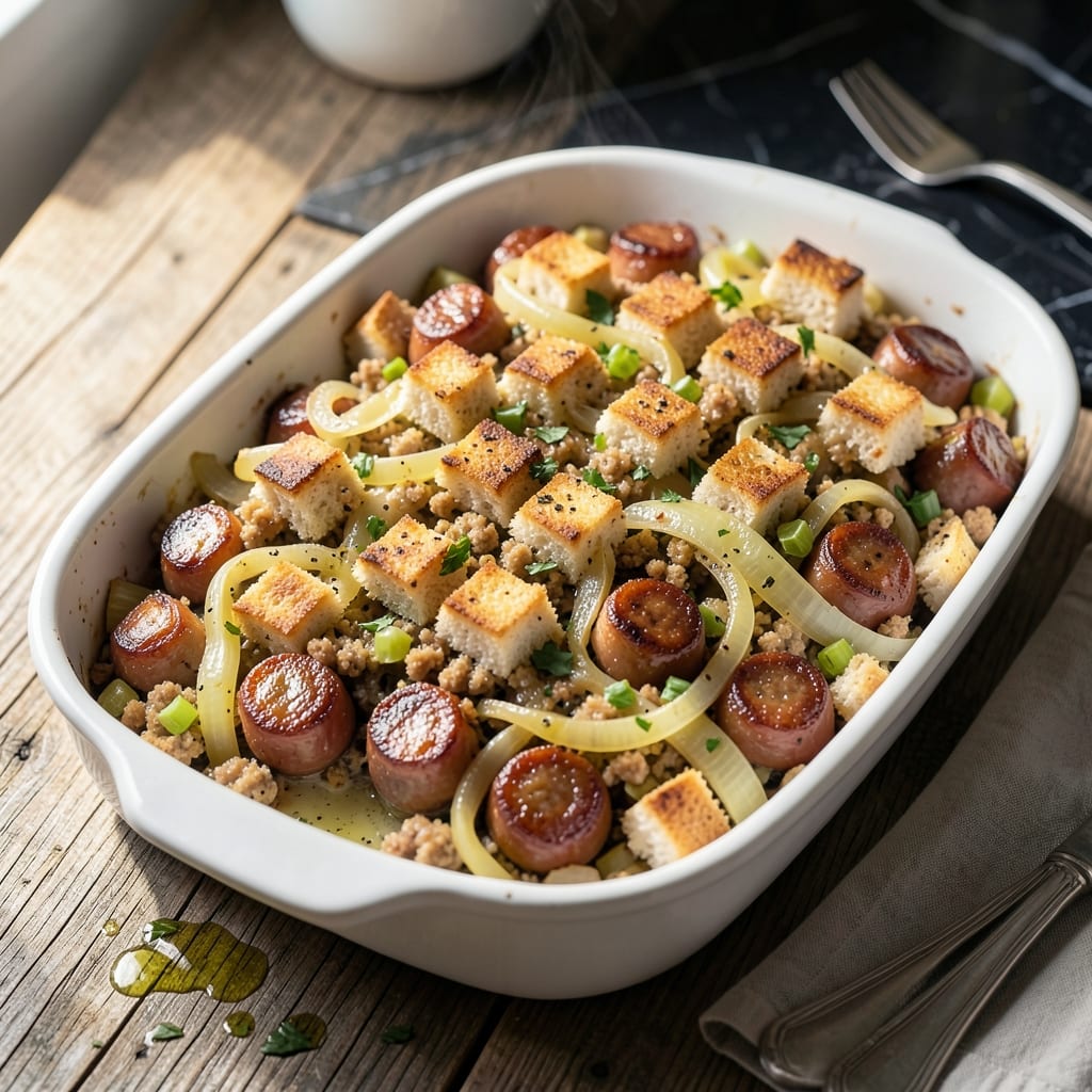 Sausage and Leek Stuffing Recipe: Herbed Bread Cubes with Earthy Depth