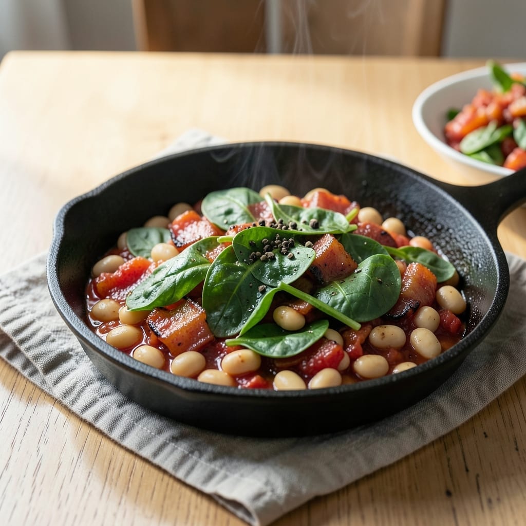 10-Minute Italian Spinach and Beans Recipe: Bright Garlic-Tomato Simmer With Crispy Pancetta