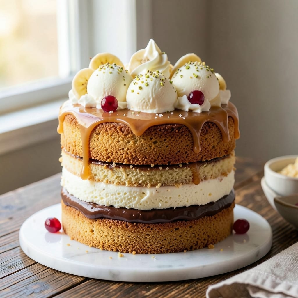3 Layer Banana Split Cake Recipe: Vanilla Bean Swirls and Chocolate Fudge Swirls