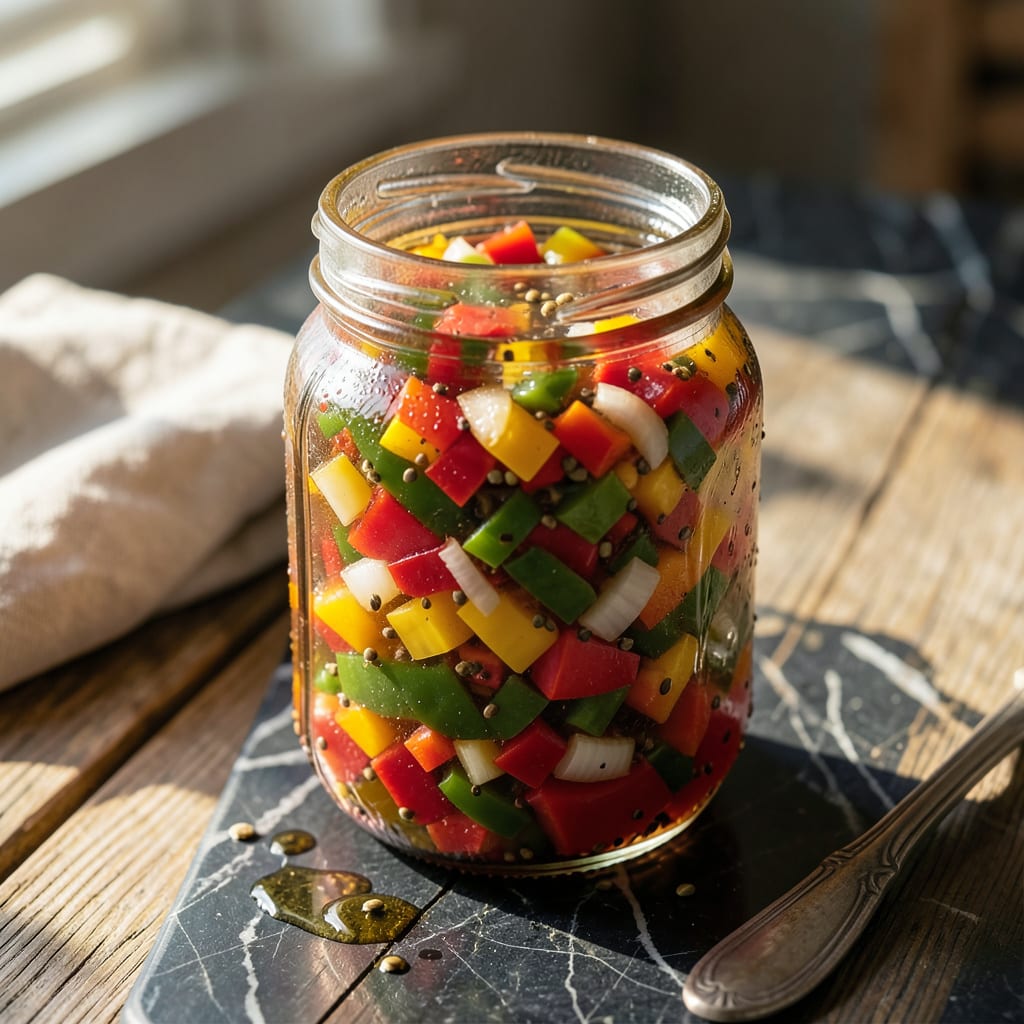 amish sweet pepper relish recipe illustration with key details
