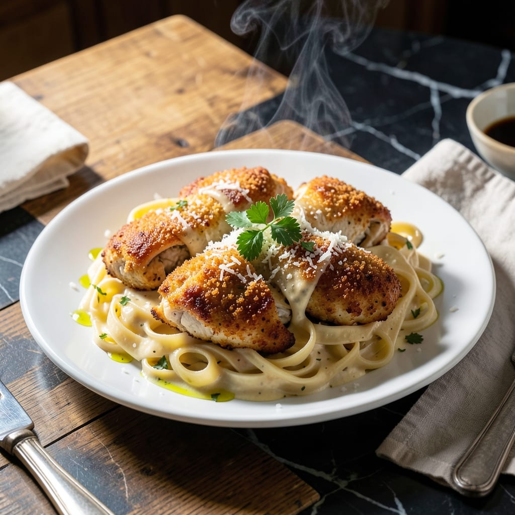 Crispy Chicken Alfredo Recipe: Crunchy Coating With Velvety Fettuccine