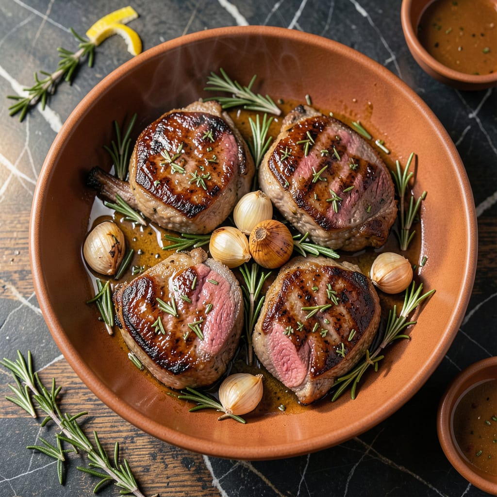 Visual representation of Bone In Lamb Loin Chops Recipe: Rosy Center With Charred Herb Crust