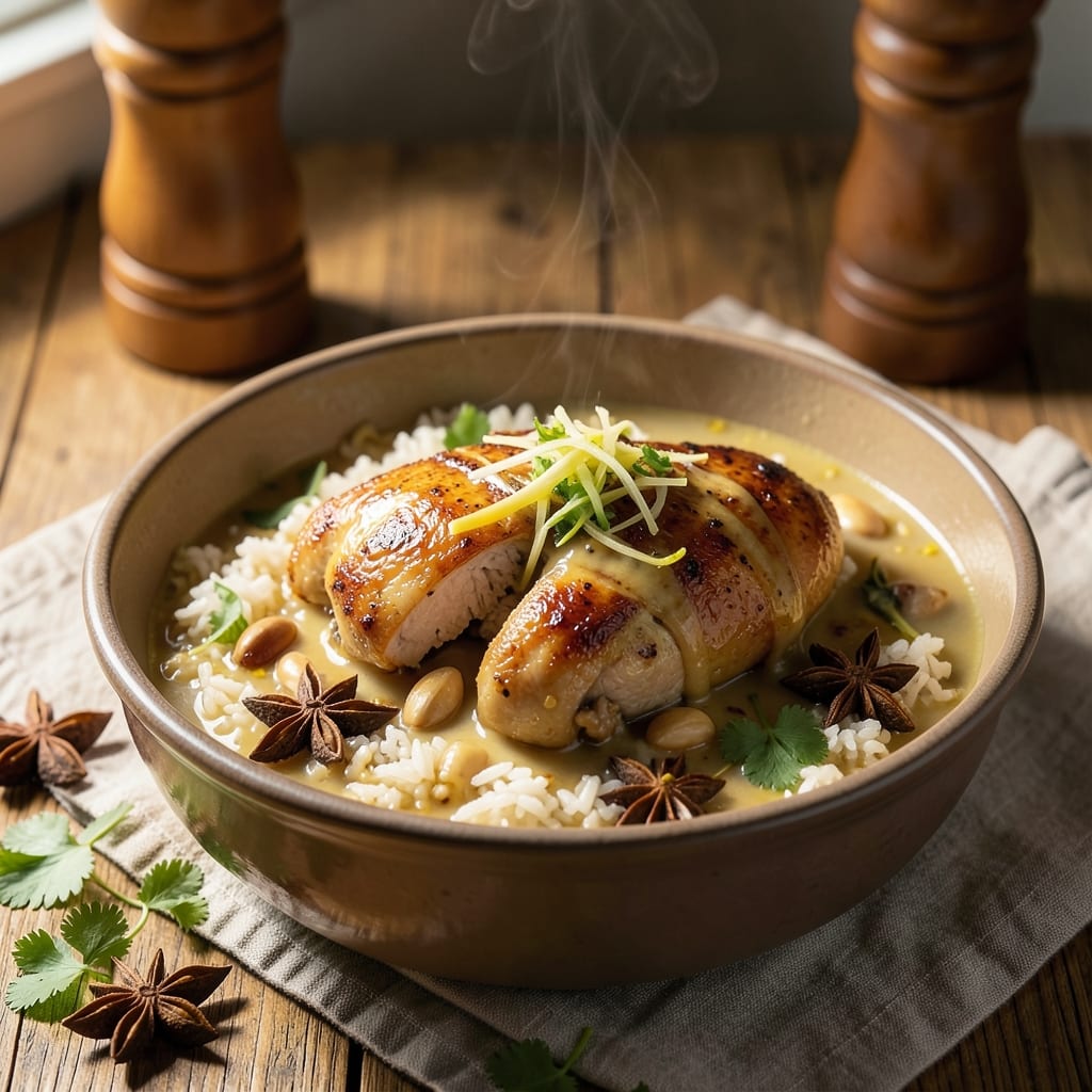1 Pot Hainanese Chicken Rice Recipe: Fragrant Coconut Broth and Tender Poached Chicken