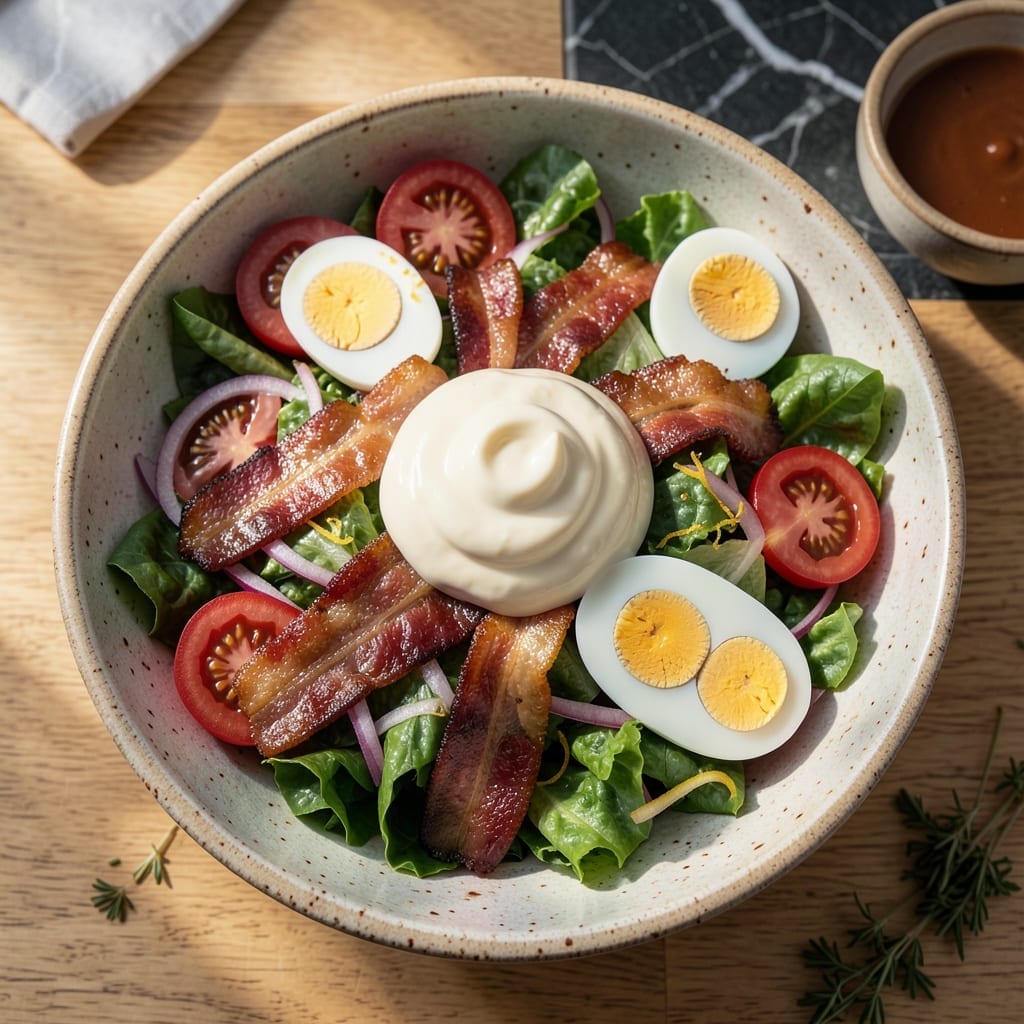 BLT Salad Recipe With Mayonnaise: Crispy Bacon and Fresh Greens in Layers BLT Salad Recipe With Mayonnaise: Crispy Bacon and Fresh Greens in Layers