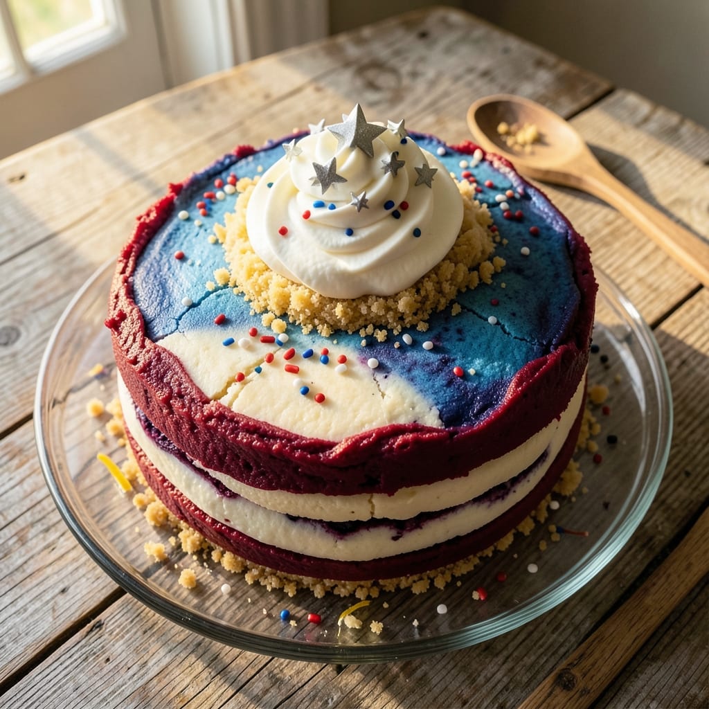 4th of July Cookie Cake Recipe: Patriotic Red, White, and Blue Swirl Tower
