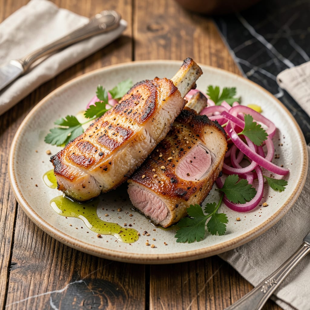 pan fried pork chops recipe illustration with key details