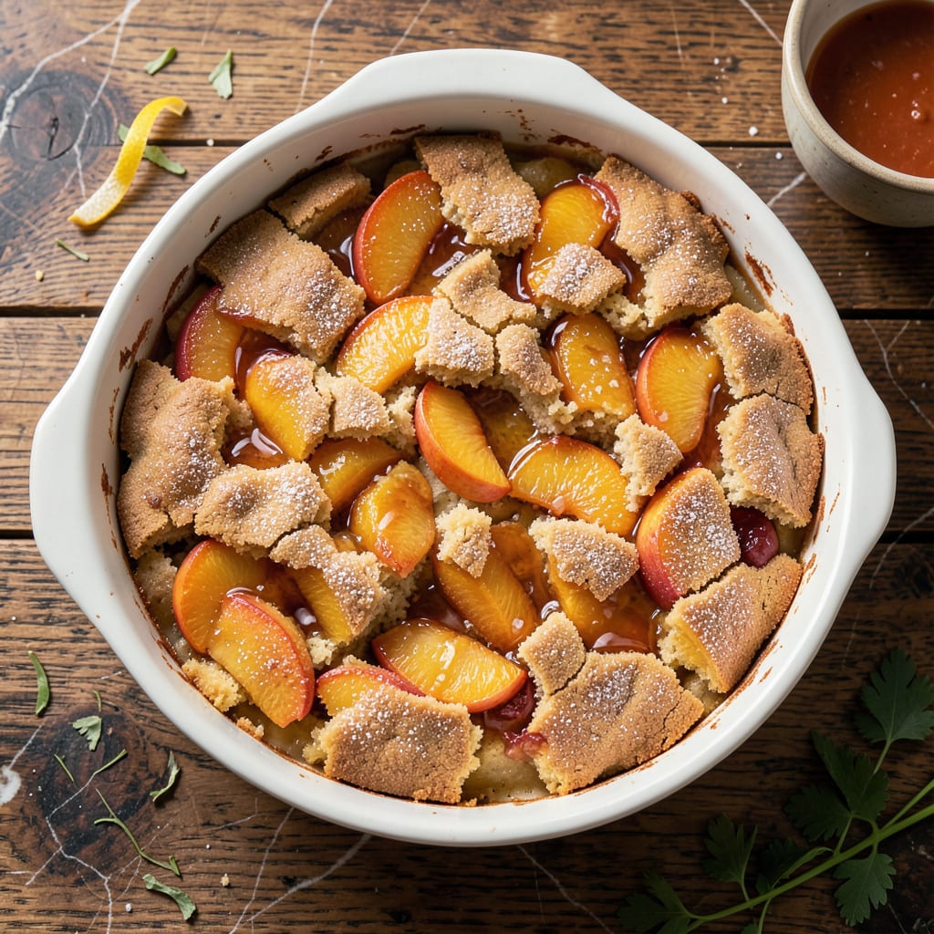 Visual representation of Paula Deen's Peach Cobbler Recipe: Buttery Biscuit Topping Over Juicy Peaches