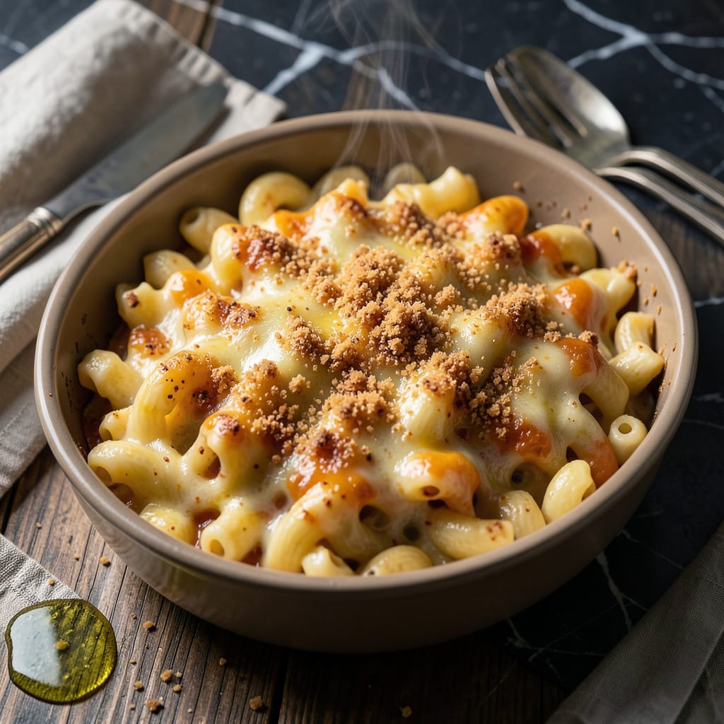 Russ Lee Mac And Cheese Recipe: Extra Sharp Cheddar Indulgence illustration with key details
